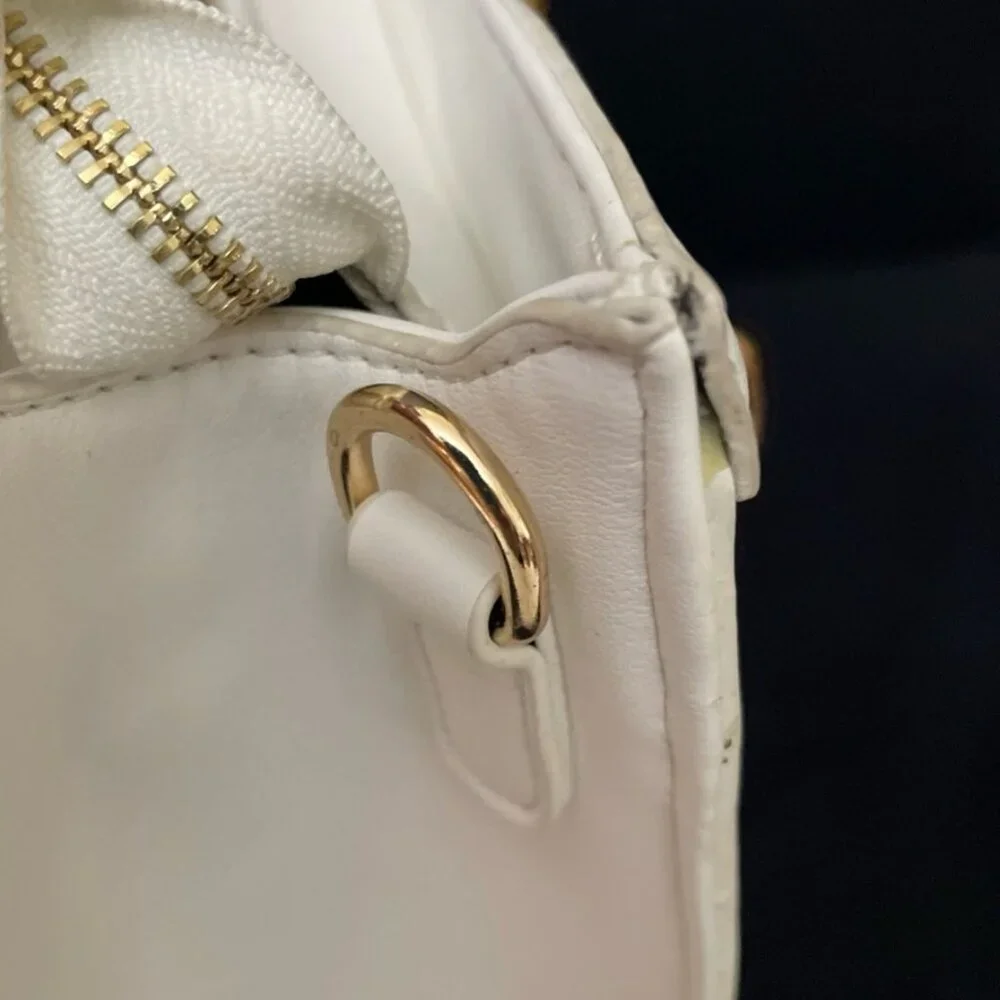 White Faux Leather Handbag w/ Bamboo Double Handles Free Standing Footed - Picture 8 of 11